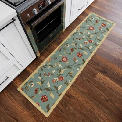 Afbeelding van Ottomanson Ottohome Collection tapijtloper met rubberen achterkant en modern bladerdesign, 57 cm x 210 cm, kleur zeeschuim