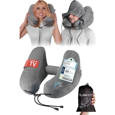 Afbeelding van FLOWZOOM AIR opblaasbaar nekkussen reiskussen met capuchon en oordopjes voor volwassenen Snel Travel pillow vliegtuig Verstelbaar 5 slaapstanden Grijs, Maat L