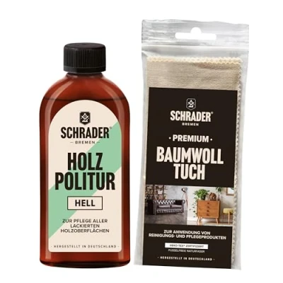 Afbeelding van SCHRADER houten polijstmiddel licht, meubelpolish, verfrist gelakte meubels, 1 x 250 ml, met polijstdoek, Made in Germany