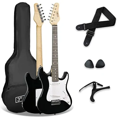 Afbeelding van 3rd Avenue XF 3/4 formaat elektrische gitaar voor kinderen, beginnerspakket met tas, gitaarband, plectrums en capo zwart