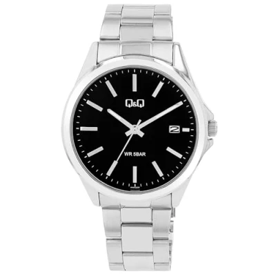 Afbeelding van Q&amp;Q model a484j202y Herenhorloge datum zilverkleurig zwart stalen band 5 bar waterdicht diameter 42 mm