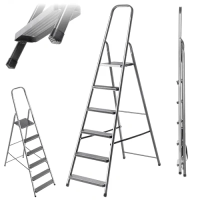 Afbeelding van KADAX Trapladder van staal, inklapbare huishoudladder met antislipvoeten, eenzijdige ladder plank, vouwladder, trapladder, stalen (6 treden)