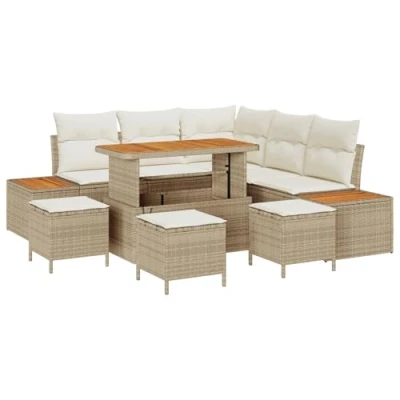 Afbeelding van vidaXL 9 delige Tuin Sofa Set met Kussens Beige Poly Rattan Acacia, 4 Eet Acacia