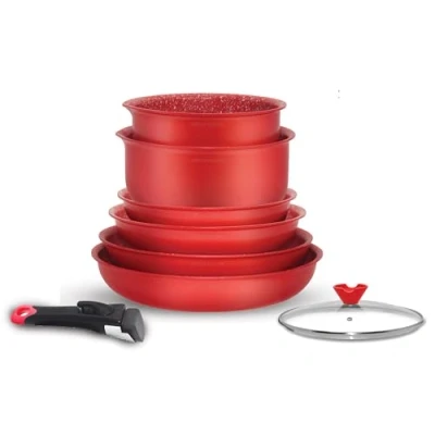 Afbeelding van Arthur Martin, AMR88, 8 delige aluminium pannenset met antiaanbaklaag, afneembare handgrepen en glazen deksels, compatibel alle warmtebronnen, 20 24 28 cm, Rood
