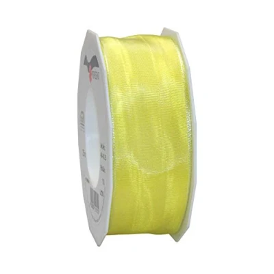 Afbeelding van PRÄSENT Lyon lint met draadrand lichtgeel, 25 m decoratief voor het versieren en knutselen, 40 mm breed, licht buigzaam lint, feestelijke decoraties bij speciale gelegenheden