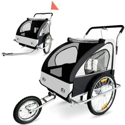Afbeelding van SAMAX Fietskar/Aanhangwagen 2in1 en Buggy Geveerde Kinderfietskar in Wit/Zwart Silver Frame