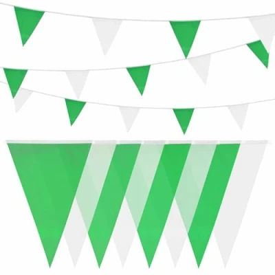 Afbeelding van HEKU vlaggetjesslinger groen wit met 20 vlaggetjes, weerbestendig, 10 meter lang, grote, opvallende ideaal voor evenementen, geïntegreerde bevestigingsband