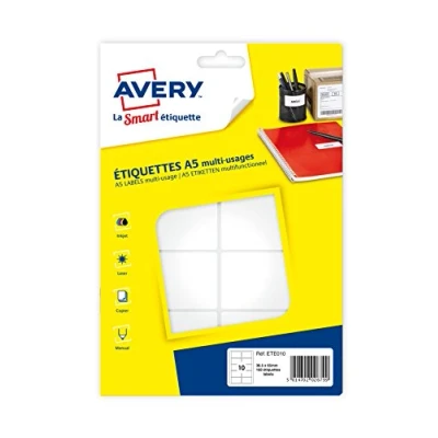 Afbeelding van Avery ETE010, Wit, Zelfklevend printerlabel, A5, Papier, Laser/inkjet, Permanent