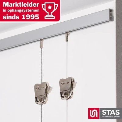 Afbeelding van STAS Schilderijrail Ophangsysteem Schilderijen / Fotolijsten Poster Ophangrails Zonder Boren Ophanghaak Ophangrek Schilderijrails Minirail Aluminium 150 cm Complete Kit