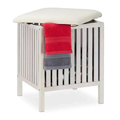 Afbeelding van Relaxdays wasmand kruk badkamerkruk hout badkamerstoel wit wasbox hocker krukje