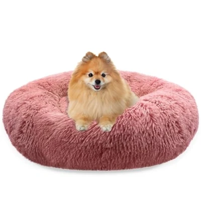 Afbeelding van BLUZELLE Hondenmand voor Kleine Honden &amp; Katten, 60cm Hondenbed Fluffy Rond Donut Kussen, Kattenmand Pluche Katten Zacht Wasbaar Antislip Afneembare Hoes, Kleur:Rood