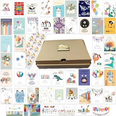 Afbeelding van 50 populaire verjaardagskaarten met stickers en enveloppen gemaakt van gerecycled papier multipack set (50 mix)