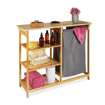Afbeelding van wasmand rek bamboe 3 planken uittrekbaar 80 x 100 32 cm badkamerrek slaapkamer
