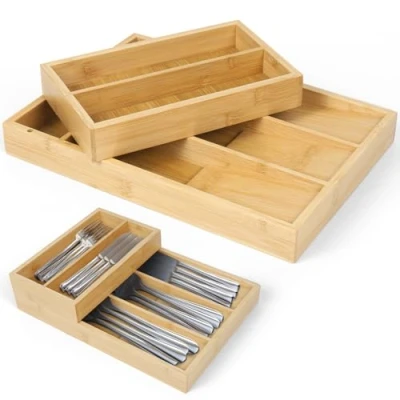 Afbeelding van Dreamhigh® Bestekbak voor schuifladen van bamboe, ruimtebesparende lade organizer keuken met 6 vakken, inzetstuk keuken, naturel, 30 x 21 6,8 cm
