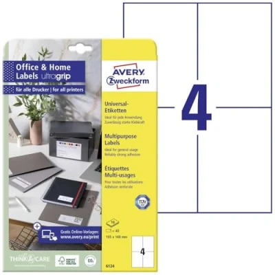 Afbeelding van Avery Zweckform 6124 Universele etiketten 105 x 148 mm Papier Wit 40 stuk(s) Permanent hechtend Inkjet, Laser (zwart/wit), (kleur), Kopiëren