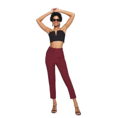 Afbeelding van Trendyol Witte Sigarettenpatroon Darted Hoge Taille Enkellange Geweven Stoffen Broek Twoss20Pl0515