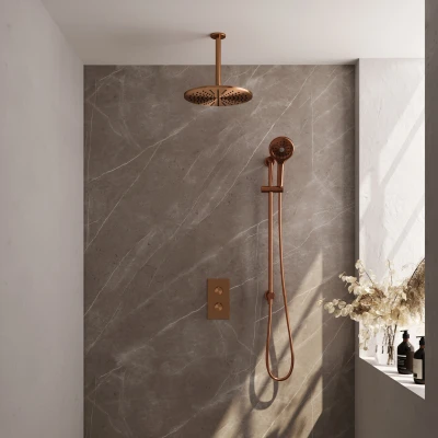 Afbeelding van BRAUER Copper Carving thermostatische inbouw regendouche 3 weg omstelling SET 48 met 30 cm douchekop en plafondarm standen handdouche