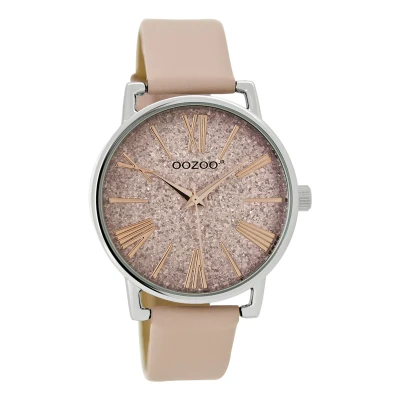 Afbeelding van OOZOO Timepieces Zilverkleurige horloge met poeder roze leren band JR302