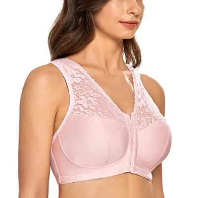 Afbeelding van DELIMIRA Dames volledig dekkende beha Met Voorsluiting Racerback Plus Maat Volledige Dekking Draadloze Bh comfortabele Lace Bh&#039;s zachte roos 90G