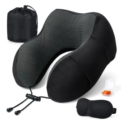 Afbeelding van Reis nekkussen van traagschuim, met 3D oogmasker en oordopjes, reiskussen, zacht katoen, U vormig slapen, neksteunkussen, reiskussen voor vliegtuig, auto, trein kantoor camping (zwart)