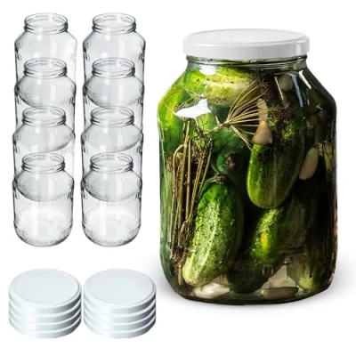 Afbeelding van KADAX Weckpotten, 2,5 liter, inmaakpot, diameter van 100 mm, voorraadpot, komkommerglas, ronde potten (8 stuks, wit deksel)