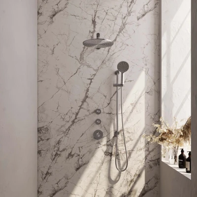 Afbeelding van Brauer Brushed Edition Regendoucheset inbouw hoofddouche 30cm 3 gladde knoppen rechte wandarm glijstang handdouche rond standen PVD