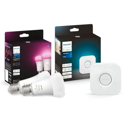 Afbeelding van Philips Hue starterkit wit en gekleurd 2 lampen E27 800lm Inclusief Bridge Dimbaar Verbind met Bluetooth of Werkt Alexa Google