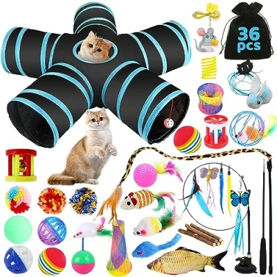 Afbeelding van YUTUY Kattenspeelgoed,Kattenspeelgoedset,kattenspeelgoed set met kattentunnel,Veerspeelgoed,Grappige Kattenstok,Pluche Speelgoed,Speelgoedmuizen etc