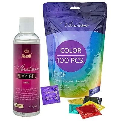 Afbeelding van VIBRATISSIMO Color Condooms 100 pack &amp; glijmiddelset I authentiek gevoel extra vochtig voor mannen in hersluitbare zak Condoomverpakking rood, zwart, groen, geel en goud