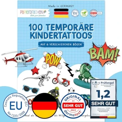 Afbeelding van 100 tattoos om op te plakken huidvriendelijke kindertattoos jongens tiener kindvriendelijke ontwerpen als verjaardagscadeau of cadeau idee Vegan