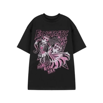 Afbeelding van Monster High Dames T shirt Fangtastic Live Tour grafisch met korte mouwen in zwart en roze Draculaura spinnenweb kleding ronde hals karakter top Mode Cartoon Series Merchandise