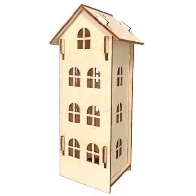 Afbeelding van Ideen mit Herz Decoratief huis van hout natuur miniatuurhuisjes om in elkaar te steken voor led theelicht op hangen 7 cm x 5,6 15,5