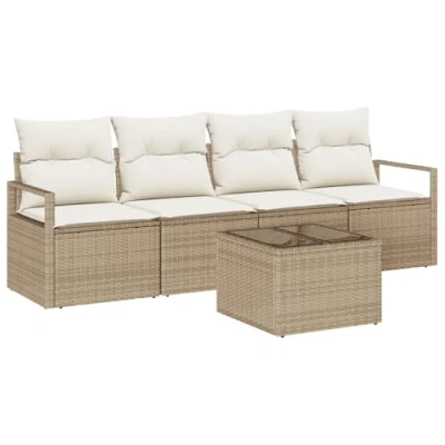Afbeelding van vidaXL 5 delige Tuin Sofa Set met Kussens Beige Poly Riet, 2 zitter Riet