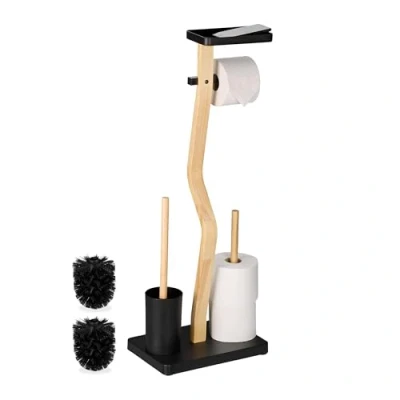 Afbeelding van toiletbutler wc rolhouder met plankje reserverolhouder toiletborstel zwart
