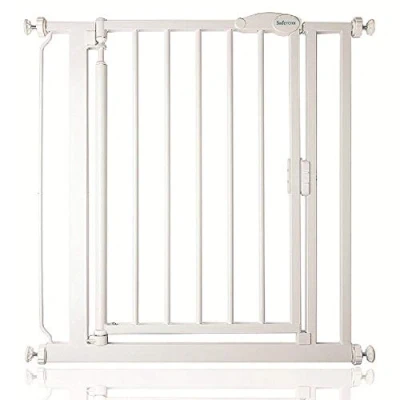 Afbeelding van Safetots Traphekje Drukbevestiging Zelfsluitend Assortiment, Smal, 68,5 cm 75 (42 opties beschikbaar), Wit, Babyhekje, Veiligheidshekje voor Peuter, Eenvoudige Installatie.