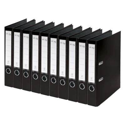 Afbeelding van Leitz VON Ordner A4, verpakking van 10 stuks, karton met kunststof omslag, 50 mm rugbreedte, voor 350 vellen, blauwe engel en FSC gecertificeerd, school, studie thuis, zwart, 10560095