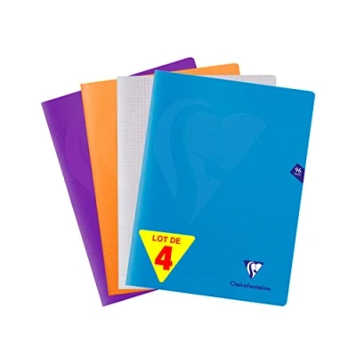 Afbeelding van Clairefontaine 293362AMZ Set van 4 Mimesys Geniet Schriften 24x32 cm 96 Grote Ruiten Pagina&#039;s 90g Wit Papier Polypropyleen kaft in Assortiment kleuren (Blauw,Kleurloos, Oranje en Violet)