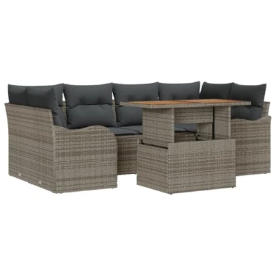 Afbeelding van vidaXL 7 delige Tuin Sofa Set met Kussens Grijs Poly Rattan Acacia