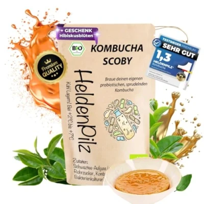 Afbeelding van HeldenPilz® Organic Kombucha Scoby Groeisterke theepilz Skoby + aanzetvloeistof cadeau productie tot 6 liter 100% natuurlijke ingrediënten biologisch duurzaam en plasticvrij verpakt
