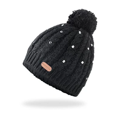 Afbeelding van Black Crevice gebreide muts voor dames, wintermuts met glitterparels en pompon, eenheidsmaat, zeer warme fleece binnenvoering, wintermutsen dames