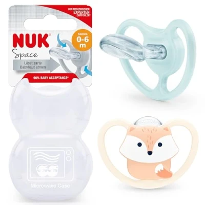 Afbeelding van NUK Space Baby Dummy 0 6 maanden Fopspenen met extra ventilatie voor de gevoelige huid BPA vrije siliconen vos 2 stuks