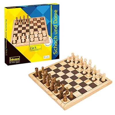 Afbeelding van Idena 40174 Speelklassieker, schaak en dame, 2 in 1, met speelbord, 32 schaakfiguren 24 platte stenen, voor spannende spelavonden vrienden familie