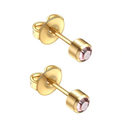 Afbeelding van Caflon 4mm 24K gold plated oorknopjes voor oorschieter hypoallergeen steriel verpakt goudkleurig met alexandriet roze steen geboortesteen juni
