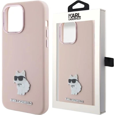 Afbeelding van Karl Lagerfeld Siliconen Choupette Metal Pin hoesje voor iPhone 15 Pro Max roze