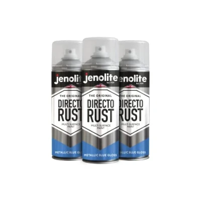 Afbeelding van JENOLITE Directorust Metallic Gloss Spray Paint BLAUW 3x400ml Multi Surface Gold voor metaal, hout, kunststof All In OnePrimer, ondervacht en topcoat Interieur &amp; Exterieur