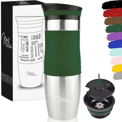 Afbeelding van Milu Thermosbeker 370ml 450ml Geïsoleerde mok Koffiemok voor onderweg 100% lekvrij Roestvrijstalen drinkmok Automok dubbele wand isolatie Thermo Reismok ( olijfgroen, 450 ml).