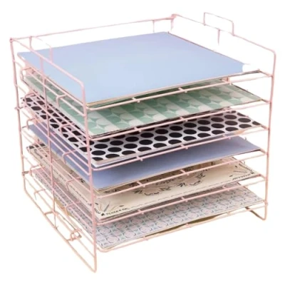 Afbeelding van Craftelier Metalen dienblad met 6 planken, ideaal voor het organiseren van scrapbooking en knutselmaterialen, afmetingen ca. 35,8 x 33,3 33,2 cm, roze