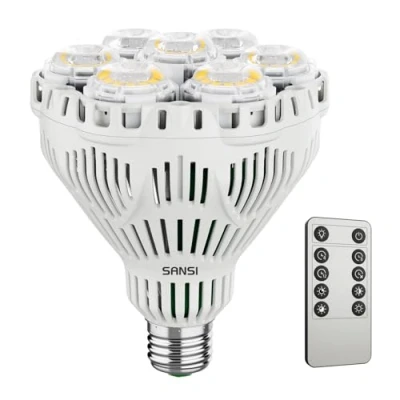 Afbeelding van SANSI 40W Dimbare LED Plantenlamp voor Kamerplanten, Volledig Spectrum E27 Kweeklamp met Afstandsbediening, 4/8/12 uur Timer, 4 Helderheidsniveaus, 4000K Groeilamp PPF 63 μmol/s (Ø11,6 * 13,8 cm)
