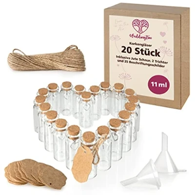 Afbeelding van WeddingTree 20 x glazen mini flessen met kurk, 11 ml, kleine om te vullen, reageerbuis kurkglas voor bruiloft, kruidenpotjes, als gastgeschenk