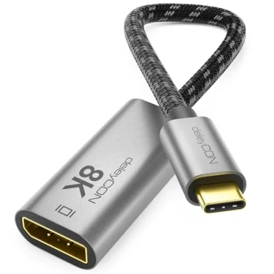 Afbeelding van deleyCON 8K USB C naar DisplayPort Adapter voor Monitor (8K@60Hz / 4K@120Hz) van Aluminium, Thunderbolt 3/4, iPhone 16, 15 Pro Max, MacBook, iPad Pro/Air, Samsung Galaxy S24 S23, Notebook, Tablet